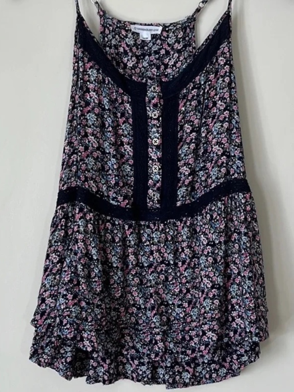 Warehouse One - Ladies Medium Peplum Feminine Floral Spaghetti Strap Top.